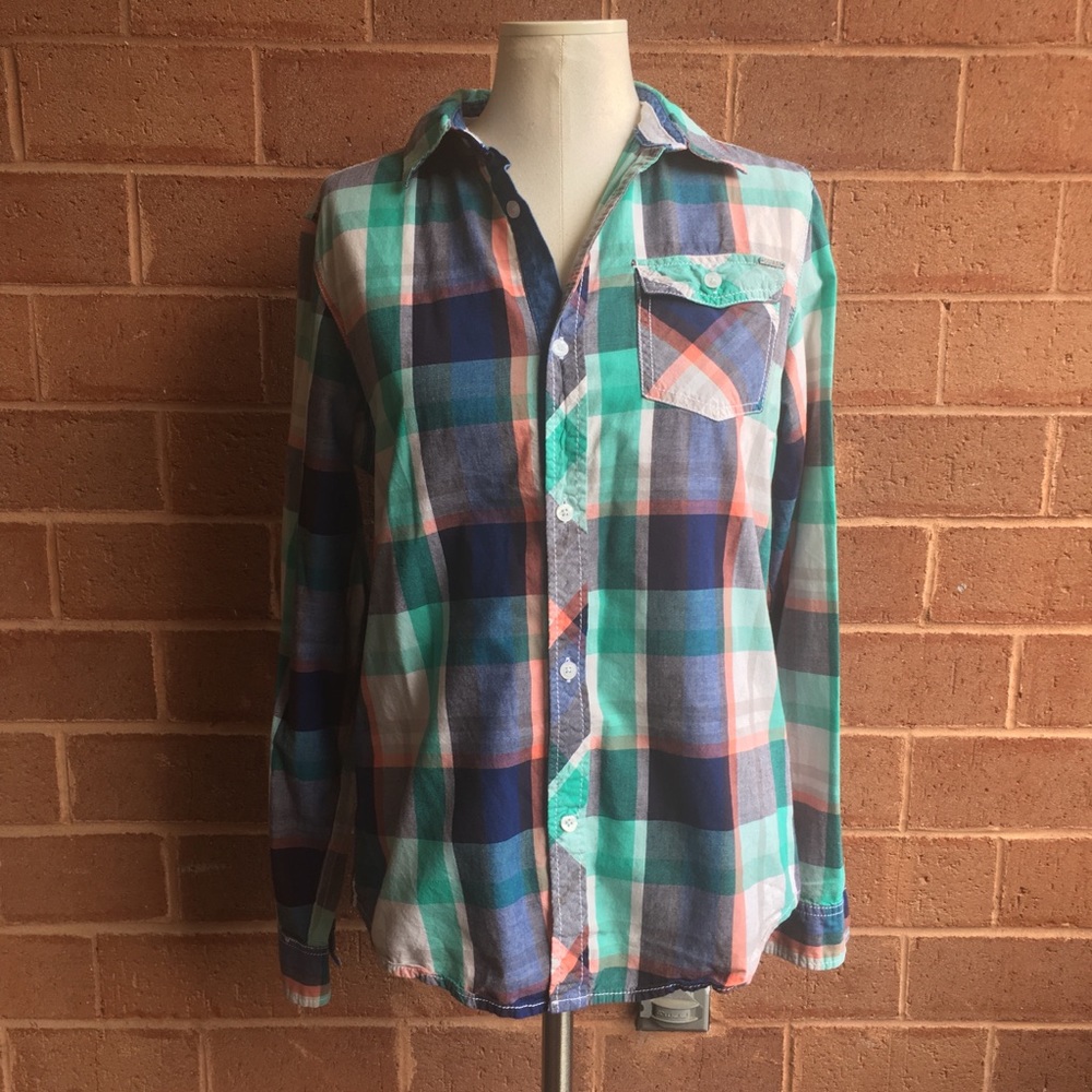 Guess Blue Pink White Teal Plaid Button Down Shirt